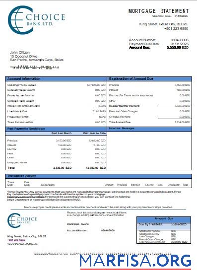 Printable Belize Choice Bank mortgage statement scr download for verification